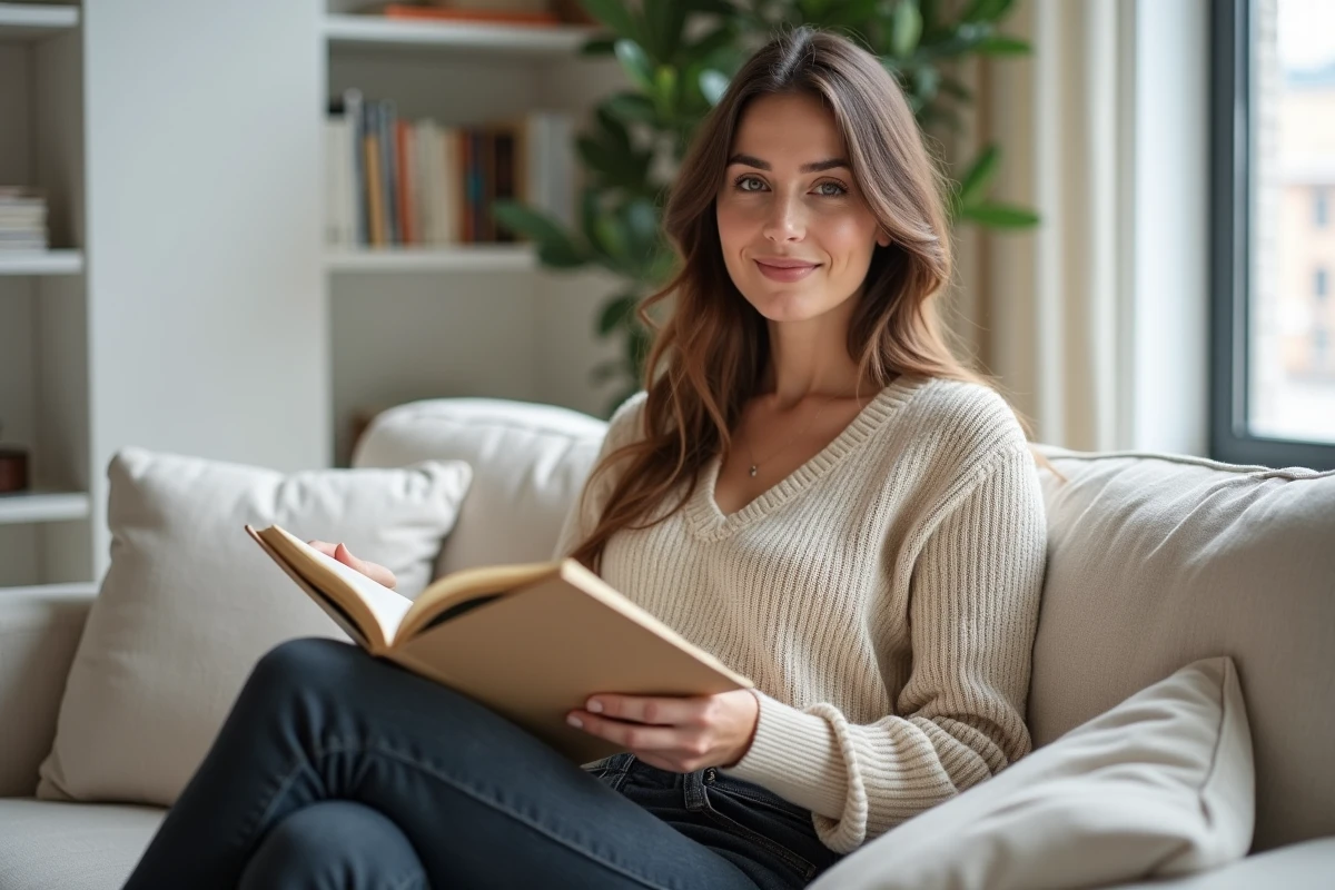 Femme détendue assise sur un canapé dans un appartement moderne, souriant naturellement, illustrant le quotidien et la vie privée de Pauline Sanzey en 2026