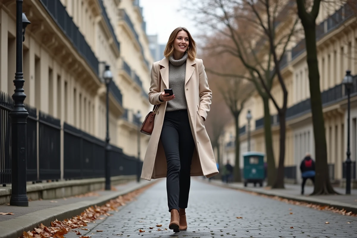 Femme marchant dans une rue pavée de Paris en automne, souriante et décontractée, évoquant la vie personnelle et le statut relationnel de Pauline Sanzey