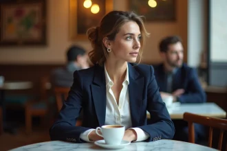 Femme élégante assise dans un café parisien, regardant au loin d'un air pensif, illustrant un article sur la vie sentimentale de Pauline Sanzey