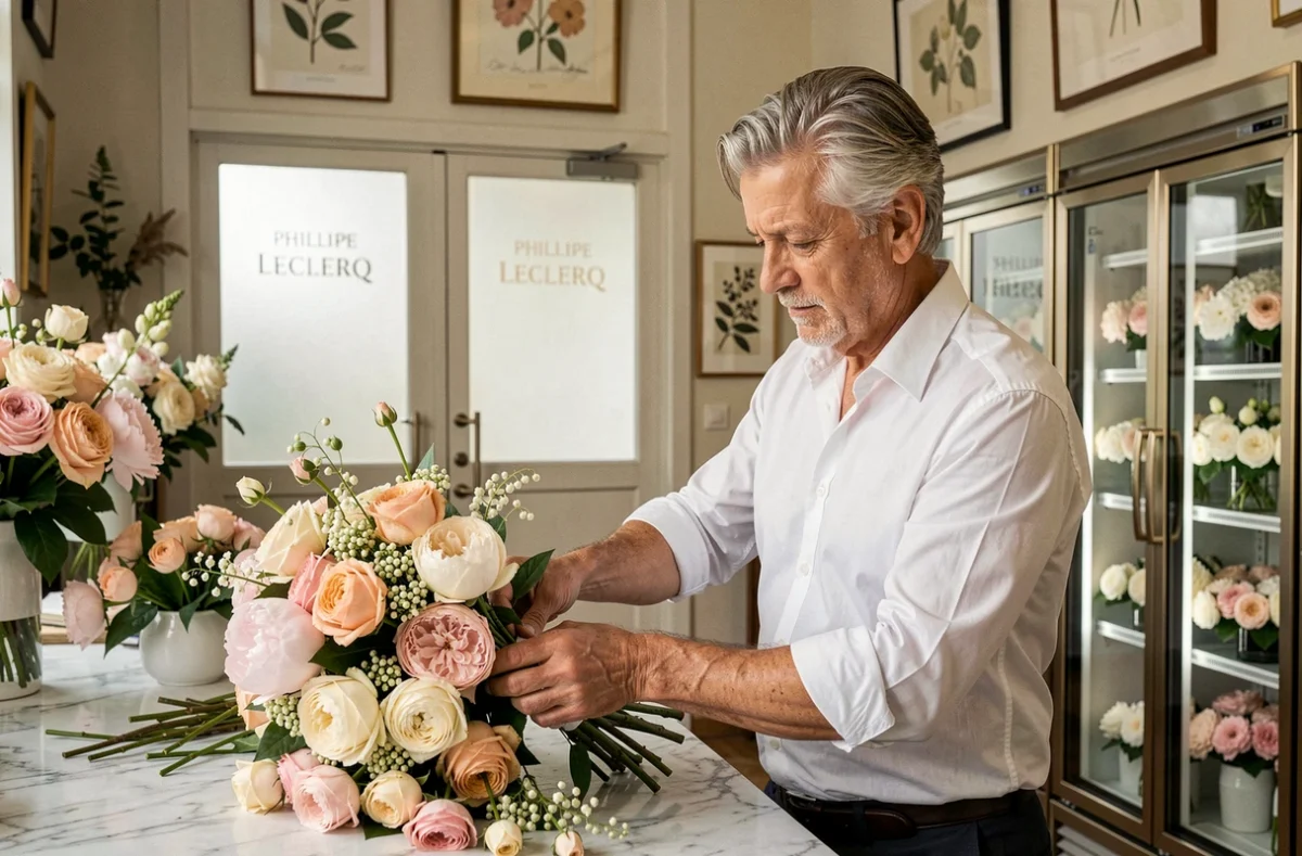 Maître fleuriste Philippe Leclercq à Lille confectionnant un bouquet de mariage de pivoines et roses sur un plan de travail en marbre