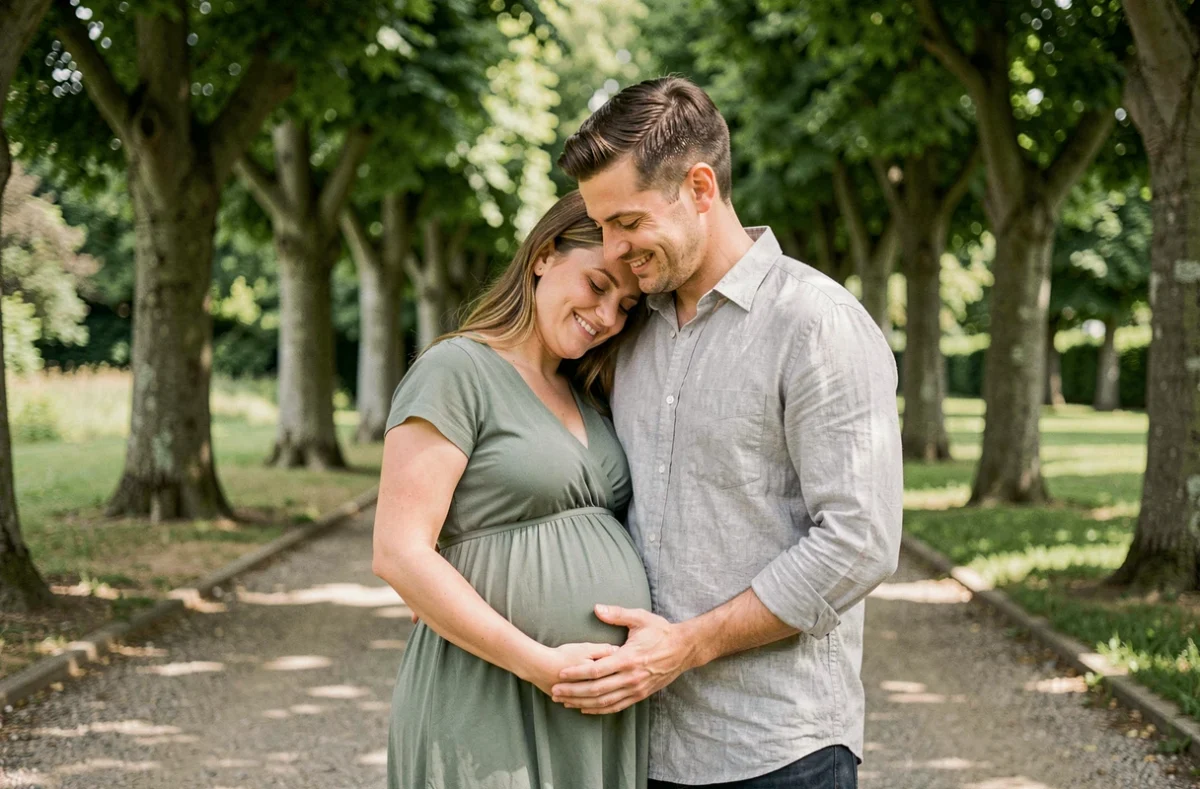 Couple attendant un bébé photographié en plein air dans un parc de Tours, séance photo grossesse extérieure
