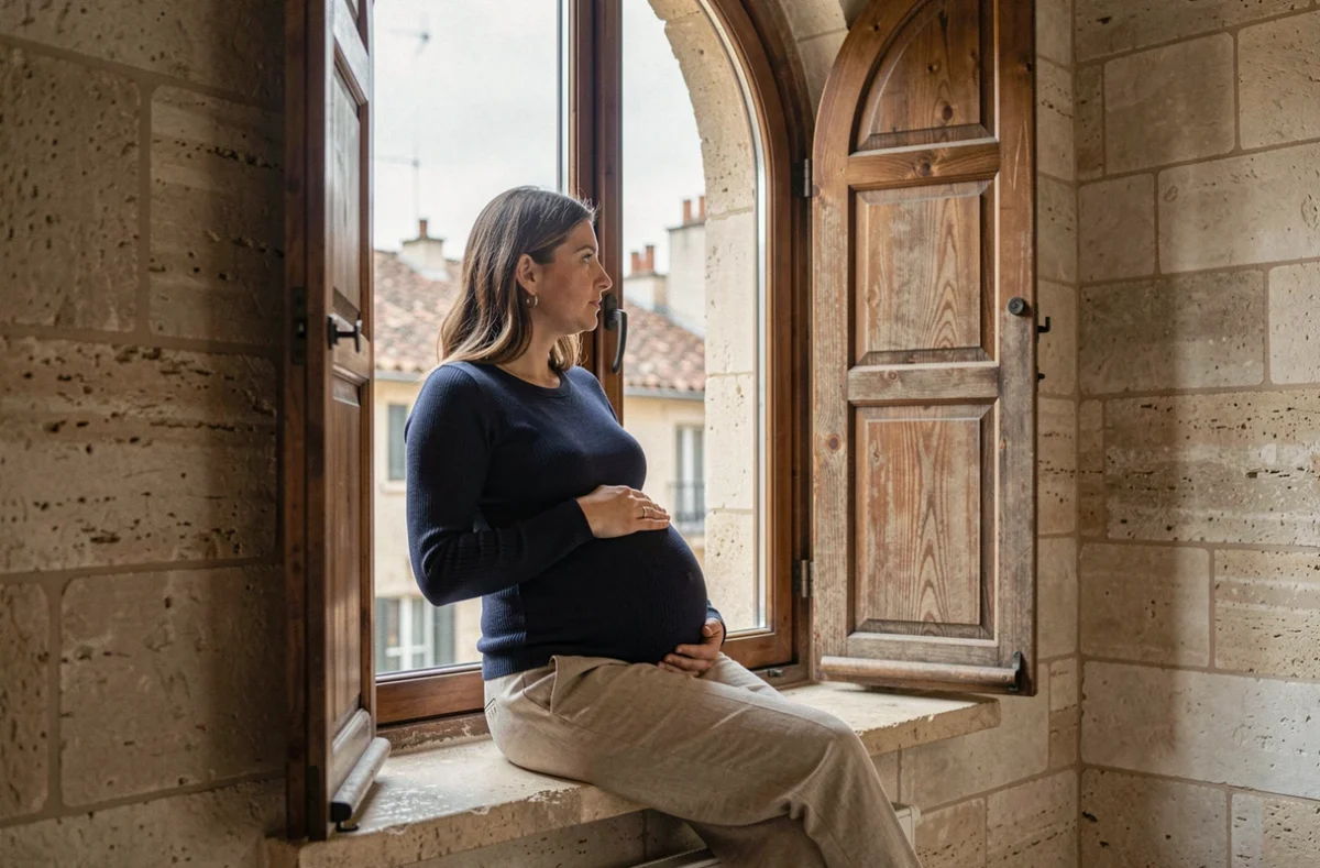 Femme enceinte de 8 mois assise sur un rebord de fenêtre en pierre tuffeau à Tours, regardant les toits