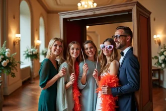 Groupe d'amis posant dans un photobooth lors d'une réception de mariage dans un château français