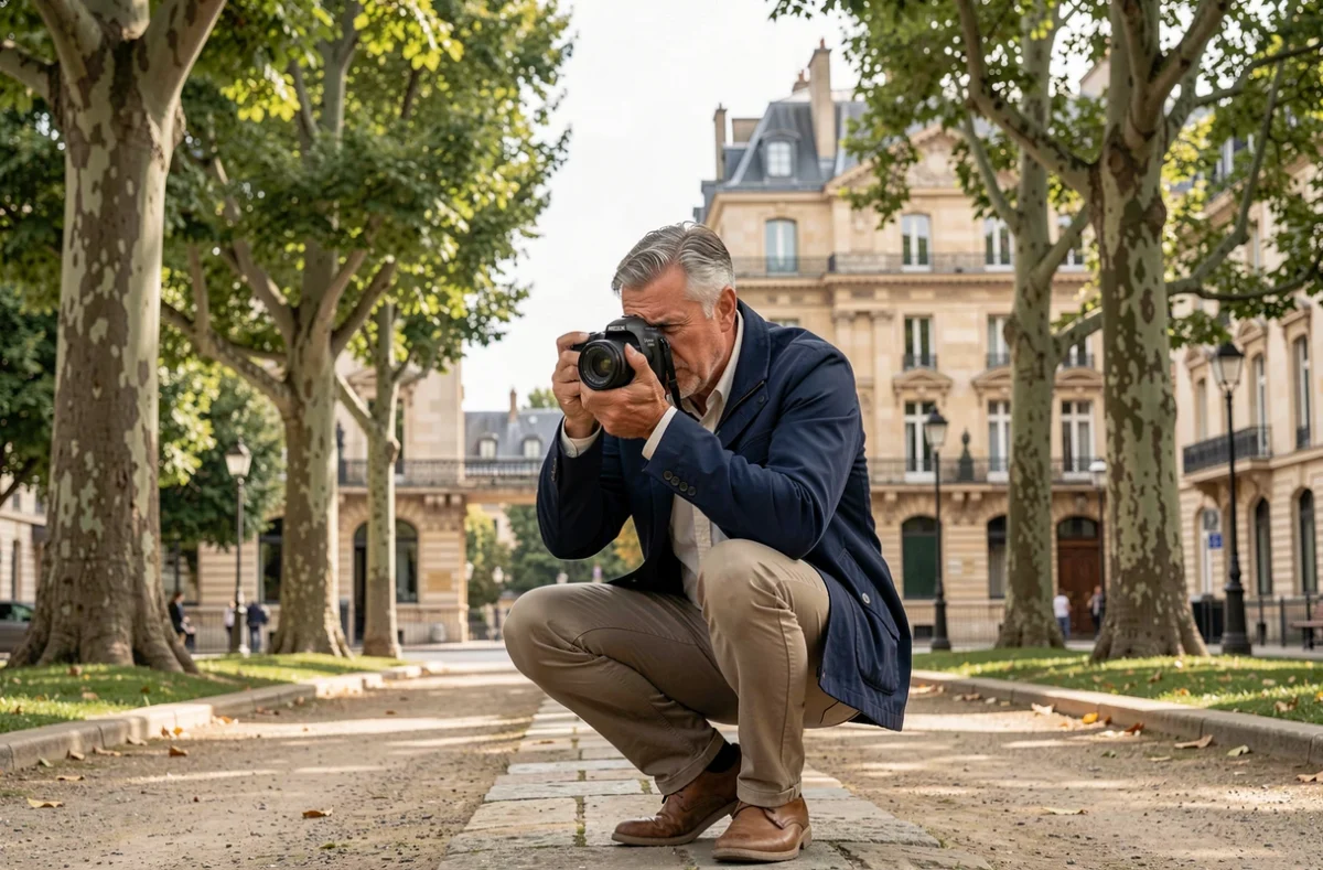 Photographe masculin en extérieur capturant des images dans un parc urbain typique de Tournefeuille