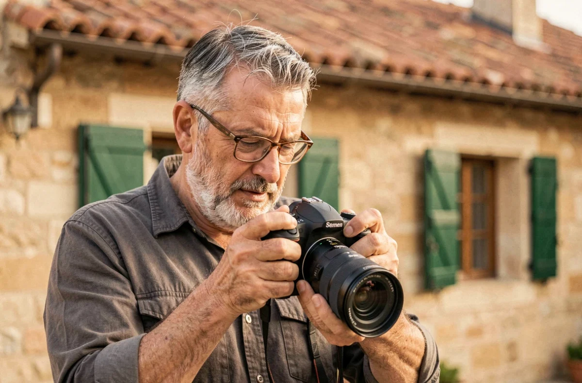 Photographe expérimenté réglant son appareil devant une façade traditionnelle occitane à Tournefeuille
