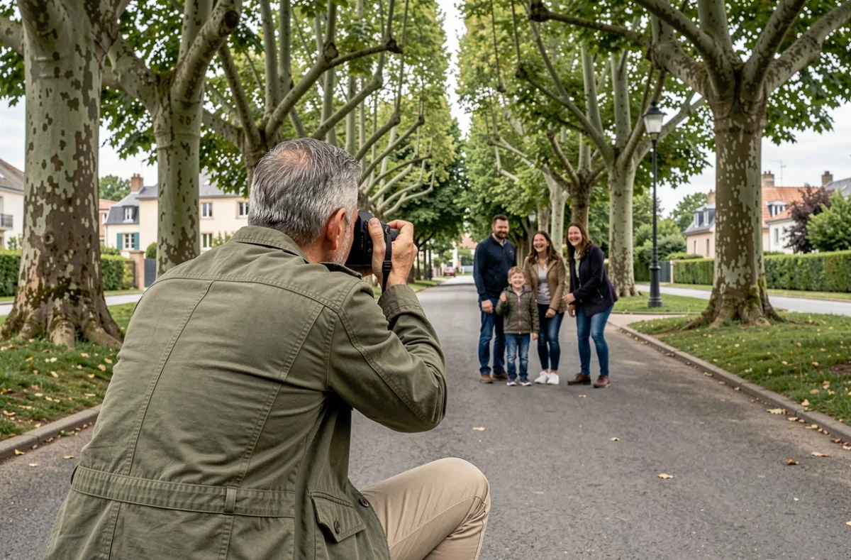 Photographe en train de photographier une famille dans un parc de Saint-Sébastien-sur-Loire