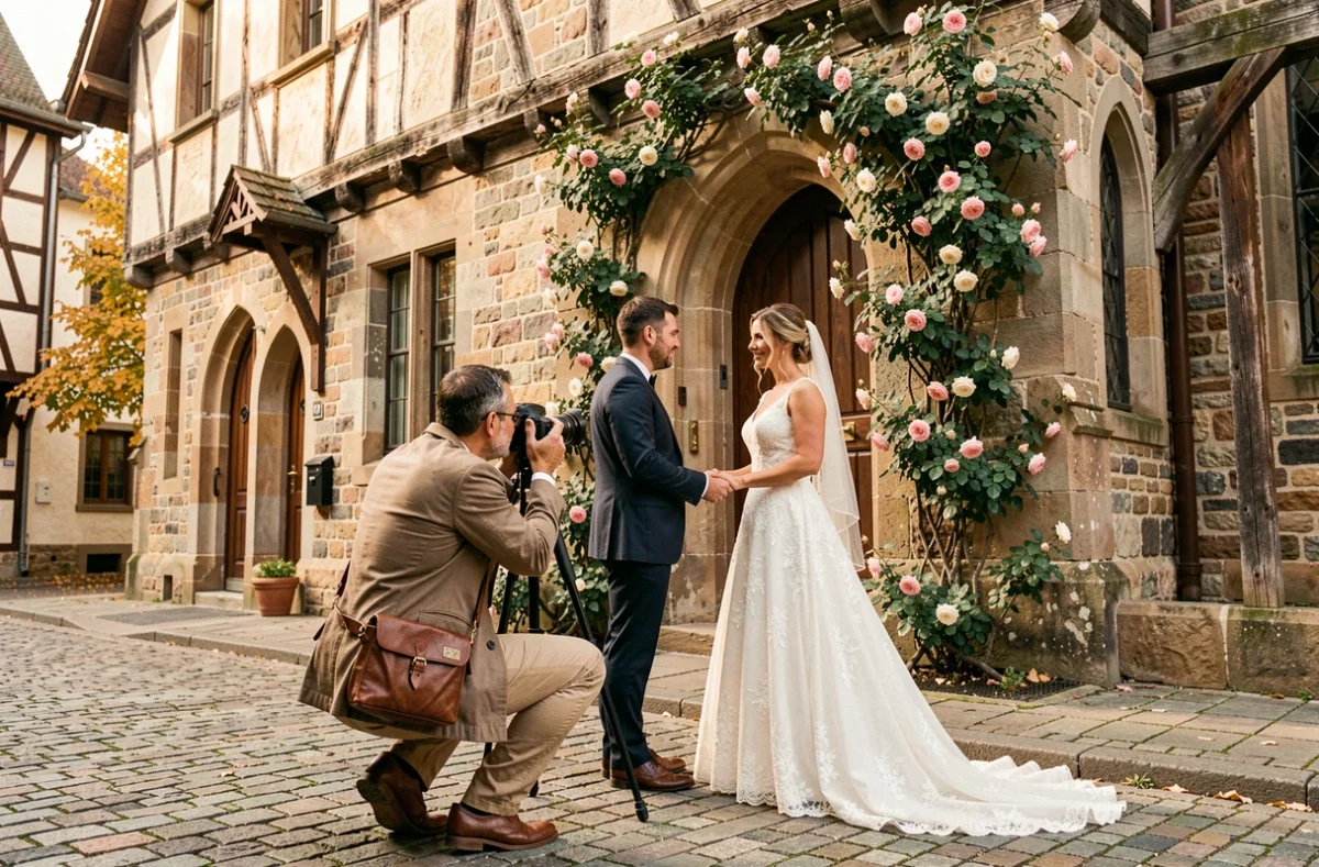 Photographe de mariage au travail devant une église alsacienne en pierre lors d'une cérémonie en plein air dans le Grand Est