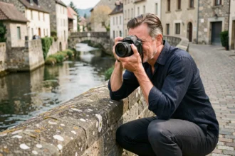Photographe professionnel en action sur le Pont-de-Beauvoisin, appareil photo à la main sur le pont historique en pierre