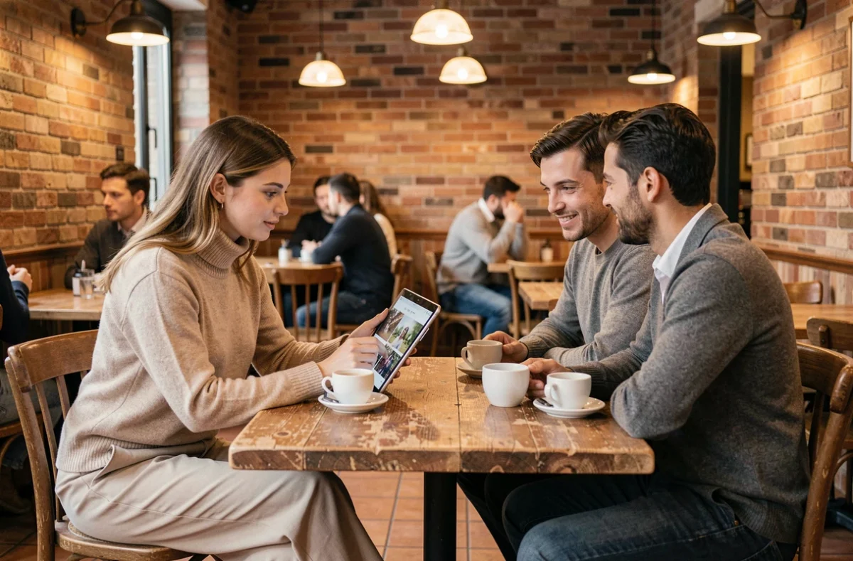 Photographe présentant son portfolio à des clients dans un café à Saint-Sébastien-sur-Loire