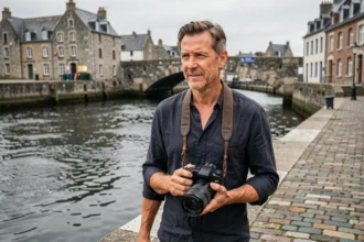 Photographe professionnel avec appareil photo longeant les quais de Landerneau avec le pont de Rohan en arrière-plan