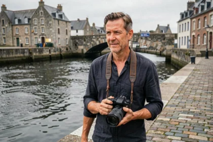 Photographe professionnel avec appareil photo longeant les quais de Landerneau avec le pont de Rohan en arrière-plan
