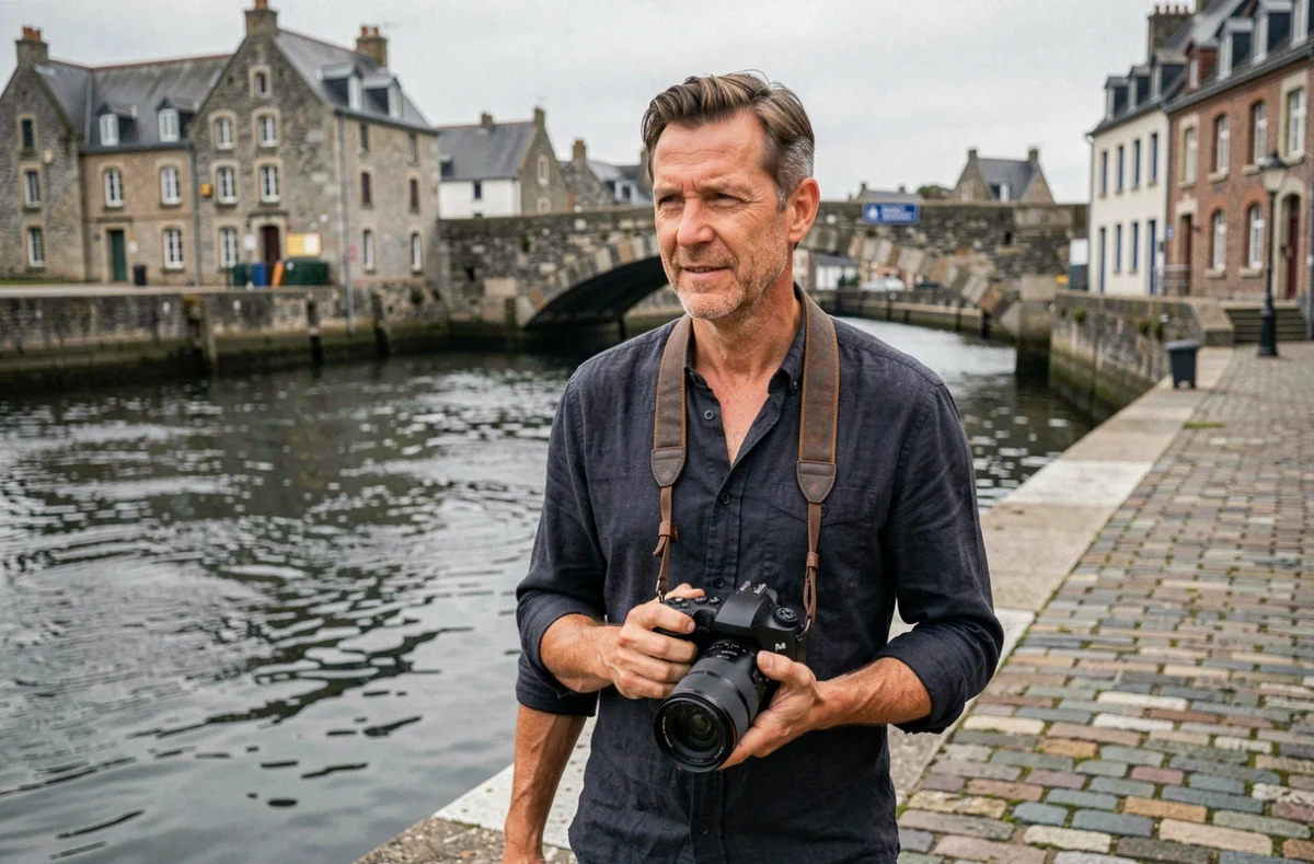 Photographe professionnel avec appareil photo longeant les quais de Landerneau avec le pont de Rohan en arrière-plan