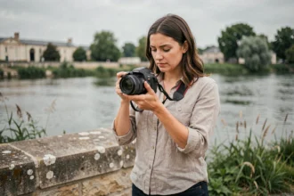 Photographe professionnelle examinant ses photos au bord de la Loire à Saint-Sébastien-sur-Loire