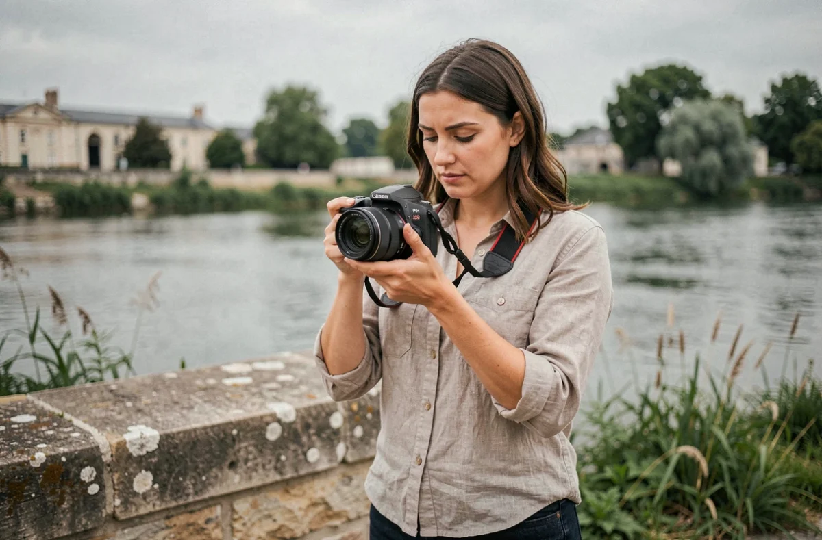 Photographe professionnelle examinant ses photos au bord de la Loire à Saint-Sébastien-sur-Loire