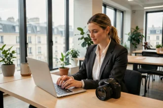 Photographe professionnelle à Issy-les-Moulineaux révisant ses photos sur un ordinateur portable dans un espace de coworking moderne