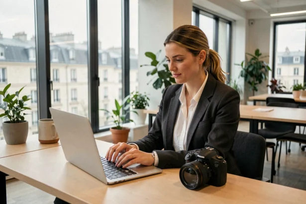 Photographe professionnelle à Issy-les-Moulineaux révisant ses photos sur un ordinateur portable dans un espace de coworking moderne