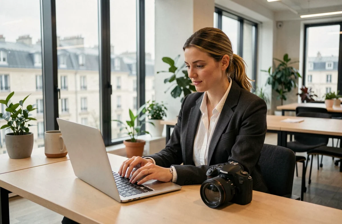 Photographe professionnelle à Issy-les-Moulineaux révisant ses photos sur un ordinateur portable dans un espace de coworking moderne