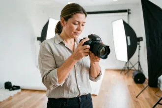 Photographe professionnelle en studio à Tournefeuille révisant ses clichés sur un appareil photo reflex