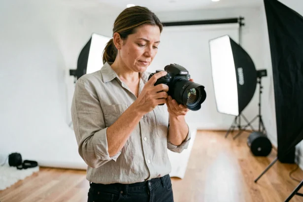 Photographe professionnelle en studio à Tournefeuille révisant ses clichés sur un appareil photo reflex
