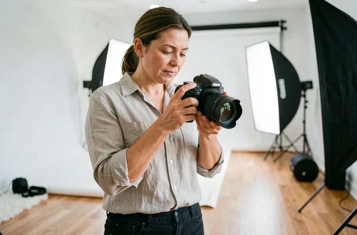 Photographe professionnelle en studio à Tournefeuille révisant ses clichés sur un appareil photo reflex
