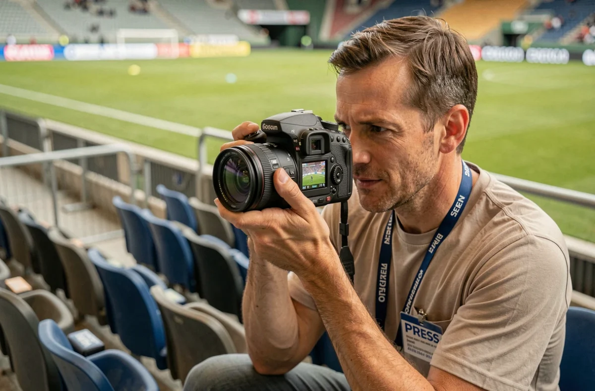 Photographe de sport professionnel qui analyse ses clichés sur son appareil photo dans la zone de presse d'un stade de football