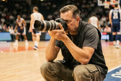 Photographe sportif professionnel en action au bord d'un terrain de basketball, capturant des performances athlétiques avec un téléobjectif