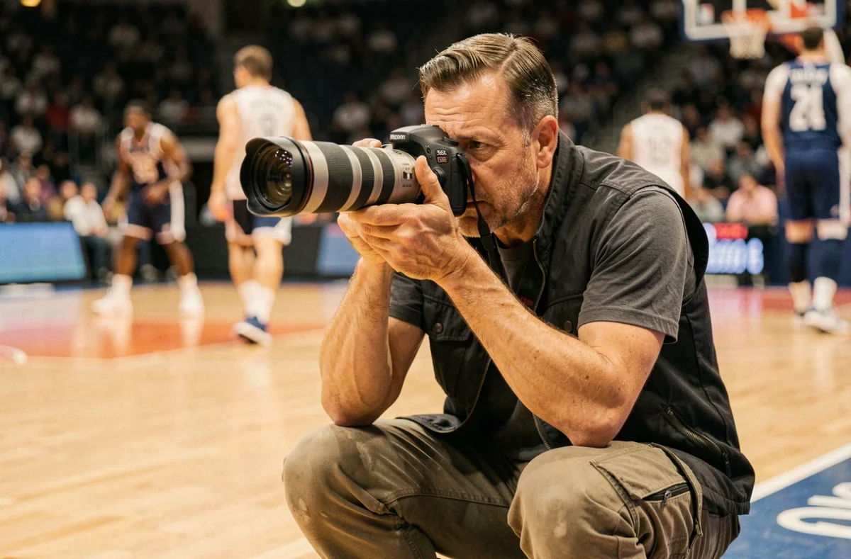Photographe sportif professionnel en action au bord d'un terrain de basketball, capturant des performances athlétiques avec un téléobjectif