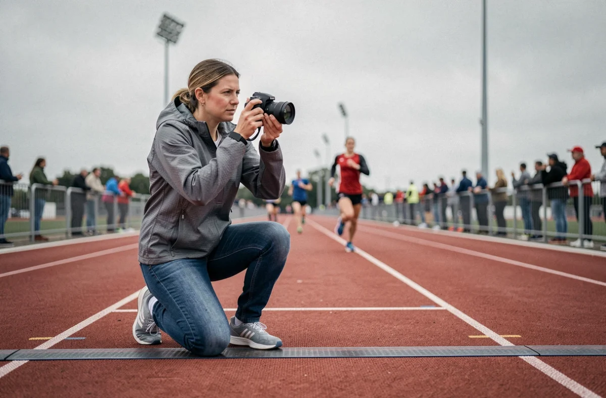 Photographe sportive professionnelle à la ligne d'arrivée d'une piste d'athlétisme, prête à immortaliser les performances des coureurs