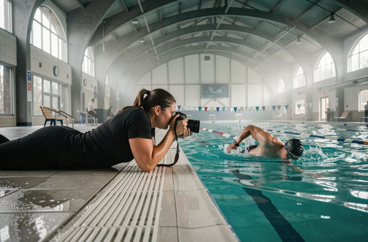 Photographe sportive allongée au bord d'une piscine olympique pour capturer la performance d'un nageur en plein effort