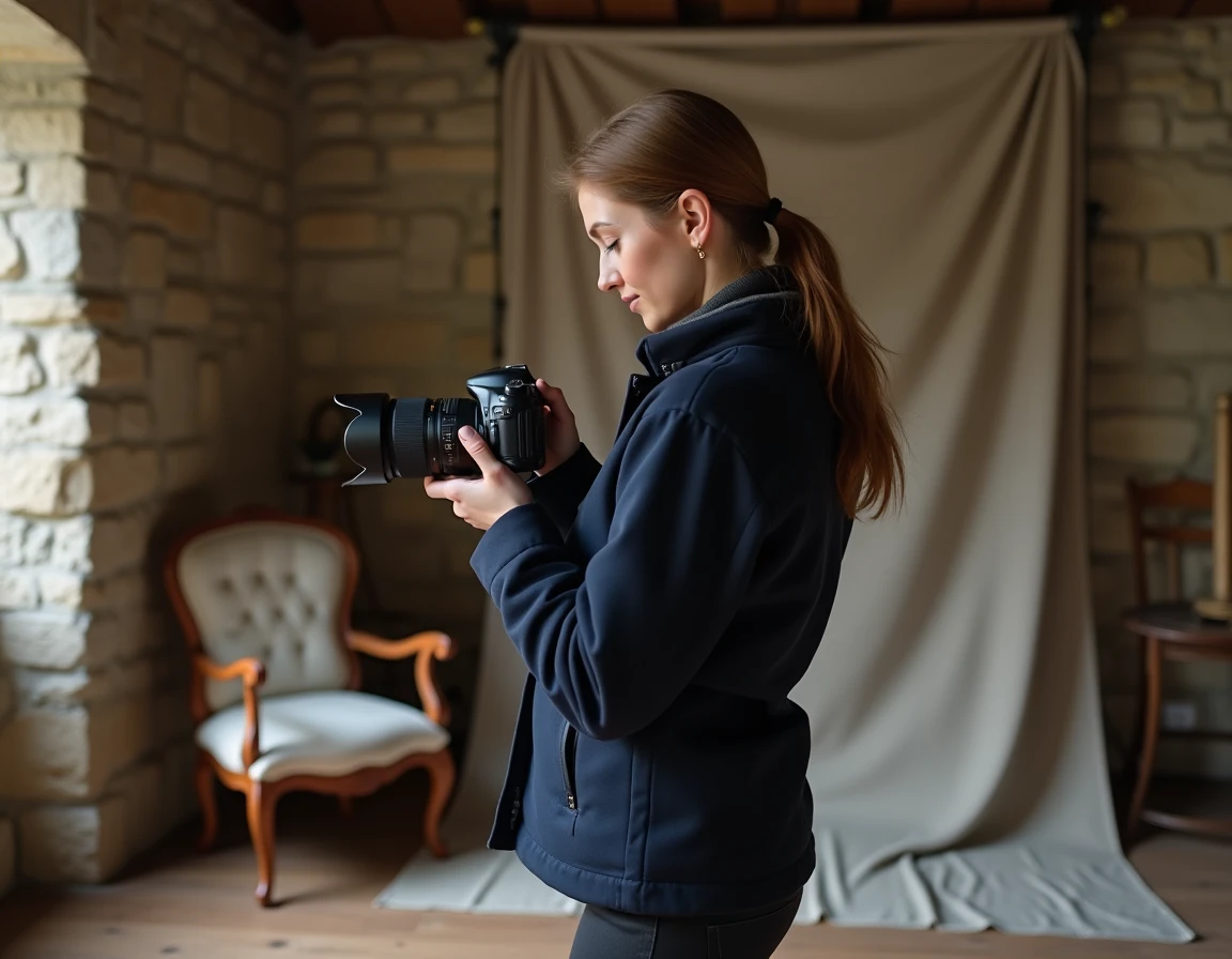 Photographe féminine révisant ses photos dans un studio portrait au décor breton authentique à Landerneau