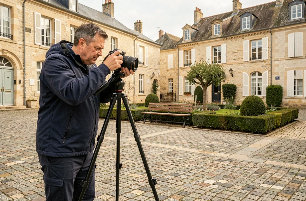 Photographe installant son trépied sur une place pittoresque de Saint-Sébastien-sur-Loire