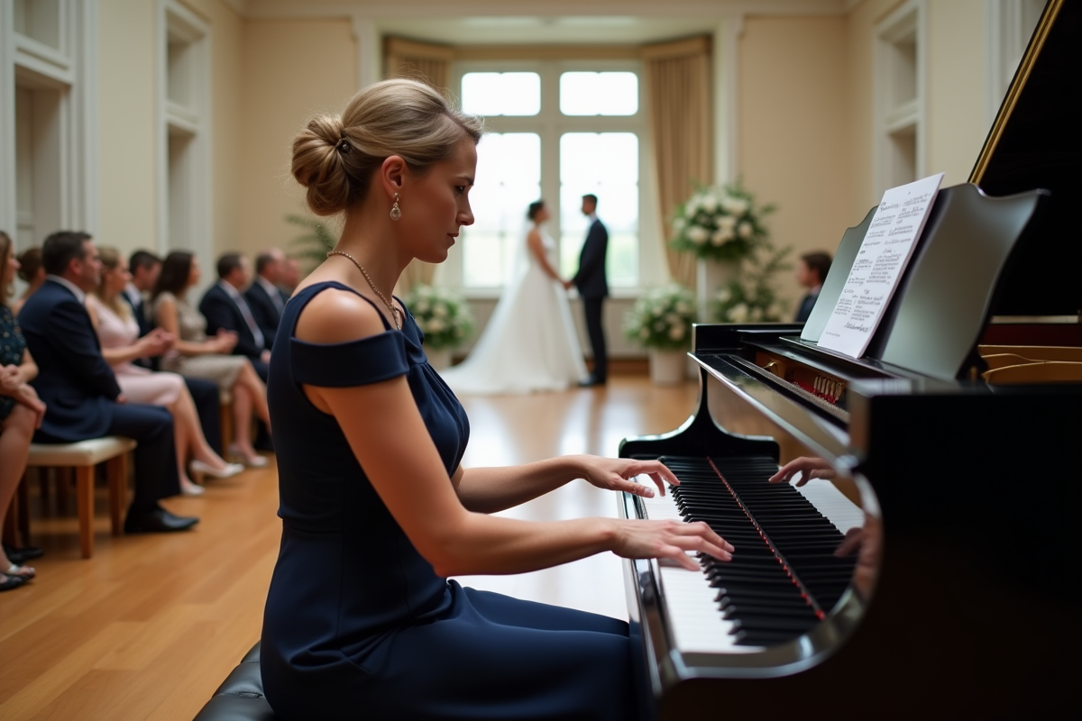 Pianiste mature jouant au piano lors d’un mariage moderne