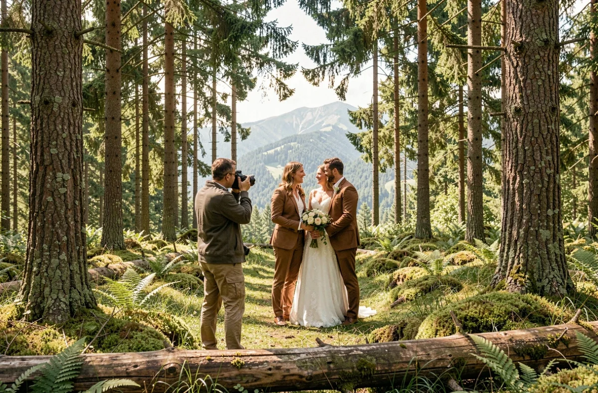 Le duo Pix&Love Photography guidant des mariés dans une clairière forestière dans les montagnes des Vosges