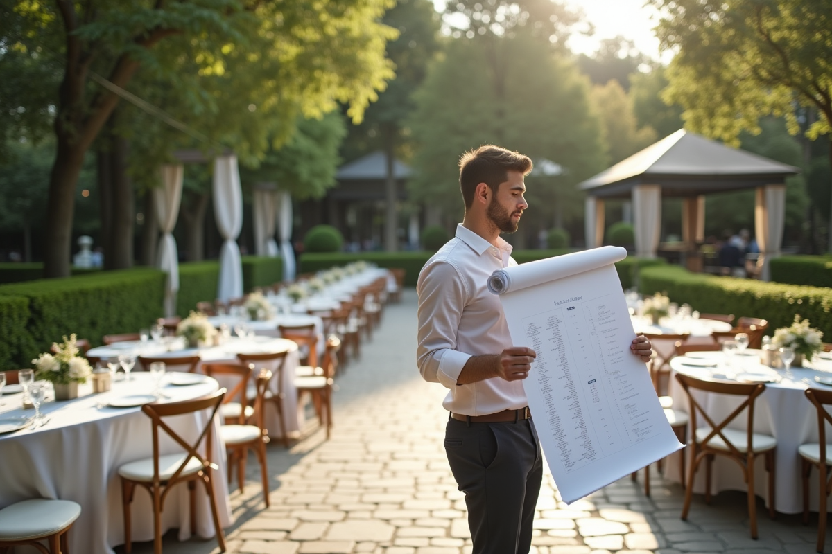 Jeune planificateur de mariage déployant un plan de table en extérieur