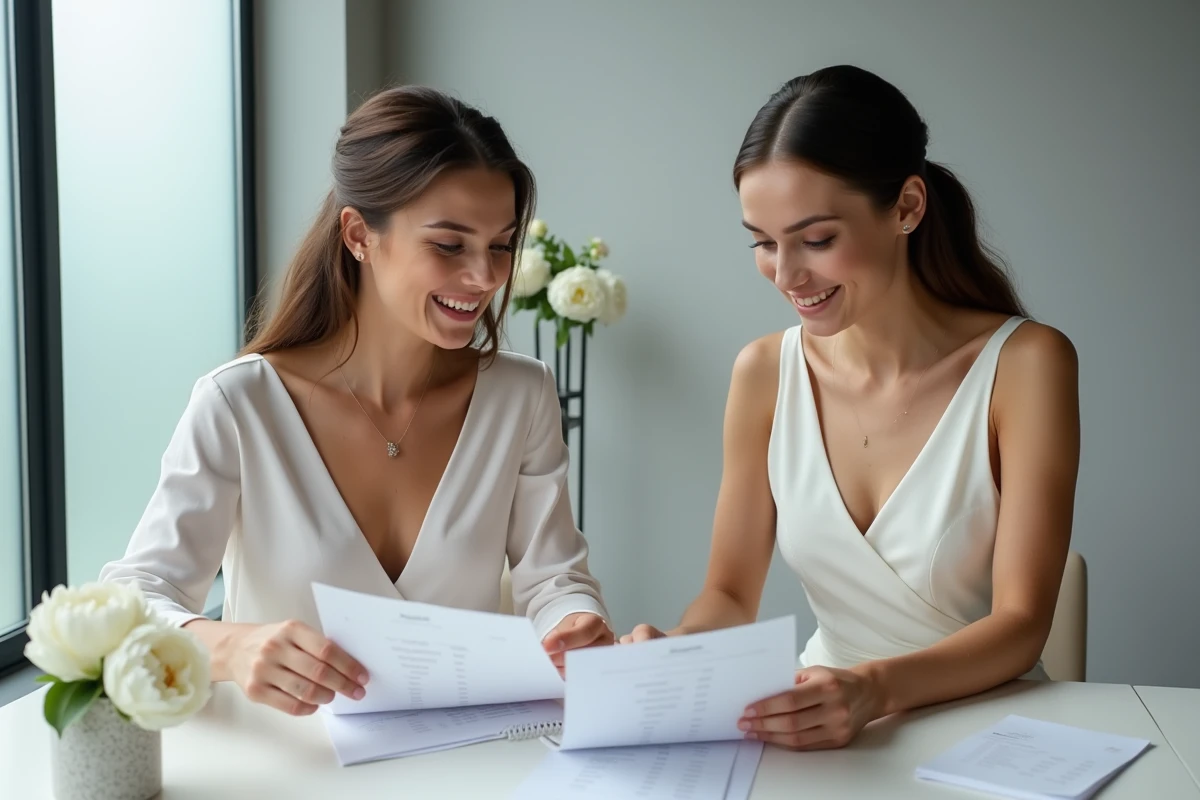 Mariée en robe de crêpe discutant avec une consultante nuptiale d'un tableau de répartition de budget pour accessoires et retouches de mariage