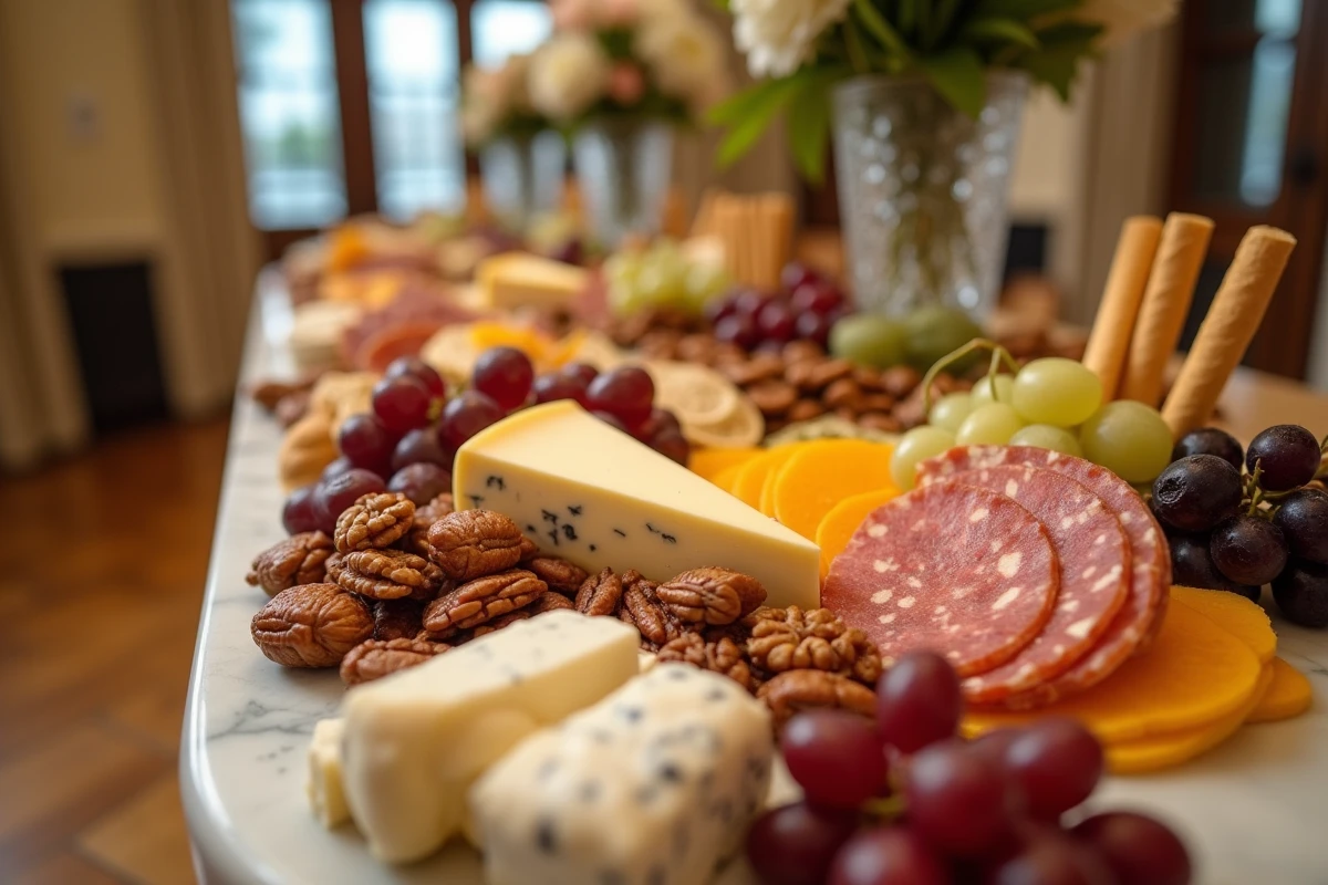 Plateau charcuterie et fromages chic pour buffet mariage, présentation élégante sur marbre blanc