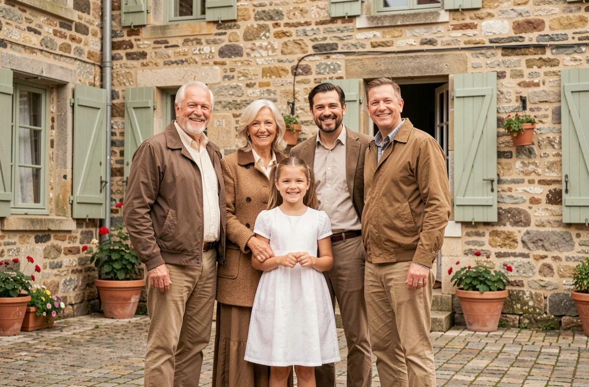 Portrait de famille multigénérationnelle en séance photo devant une façade en pierre typique de Pont-de-Beauvoisin