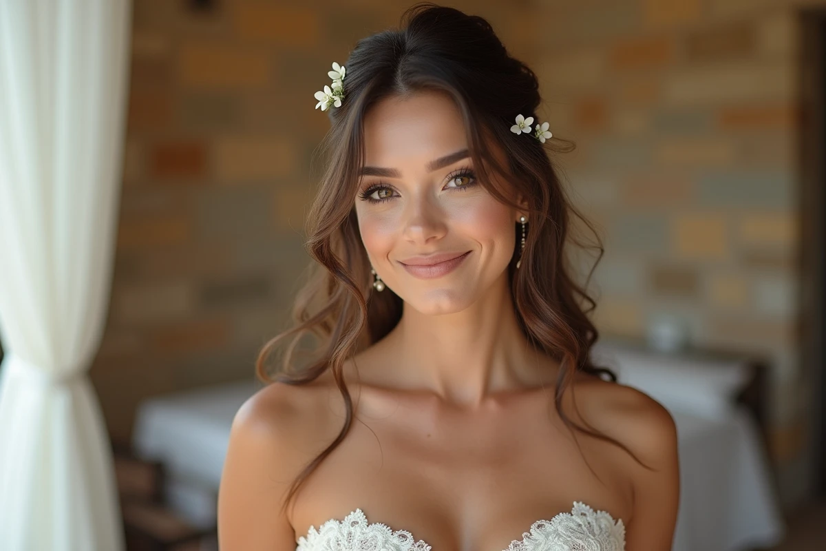 Portrait rapproché d'une mariée élégante aux cheveux bruns ornés de fleurs blanches, robe en dentelle ivoire dans un cadre de réception chaleureux
