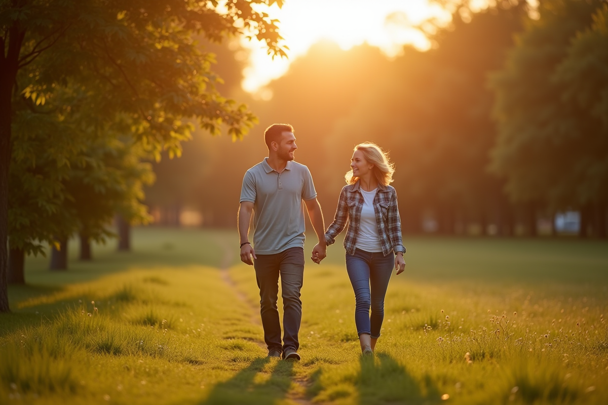 Couple marchant main dans la main dans un parc au coucher du soleil
