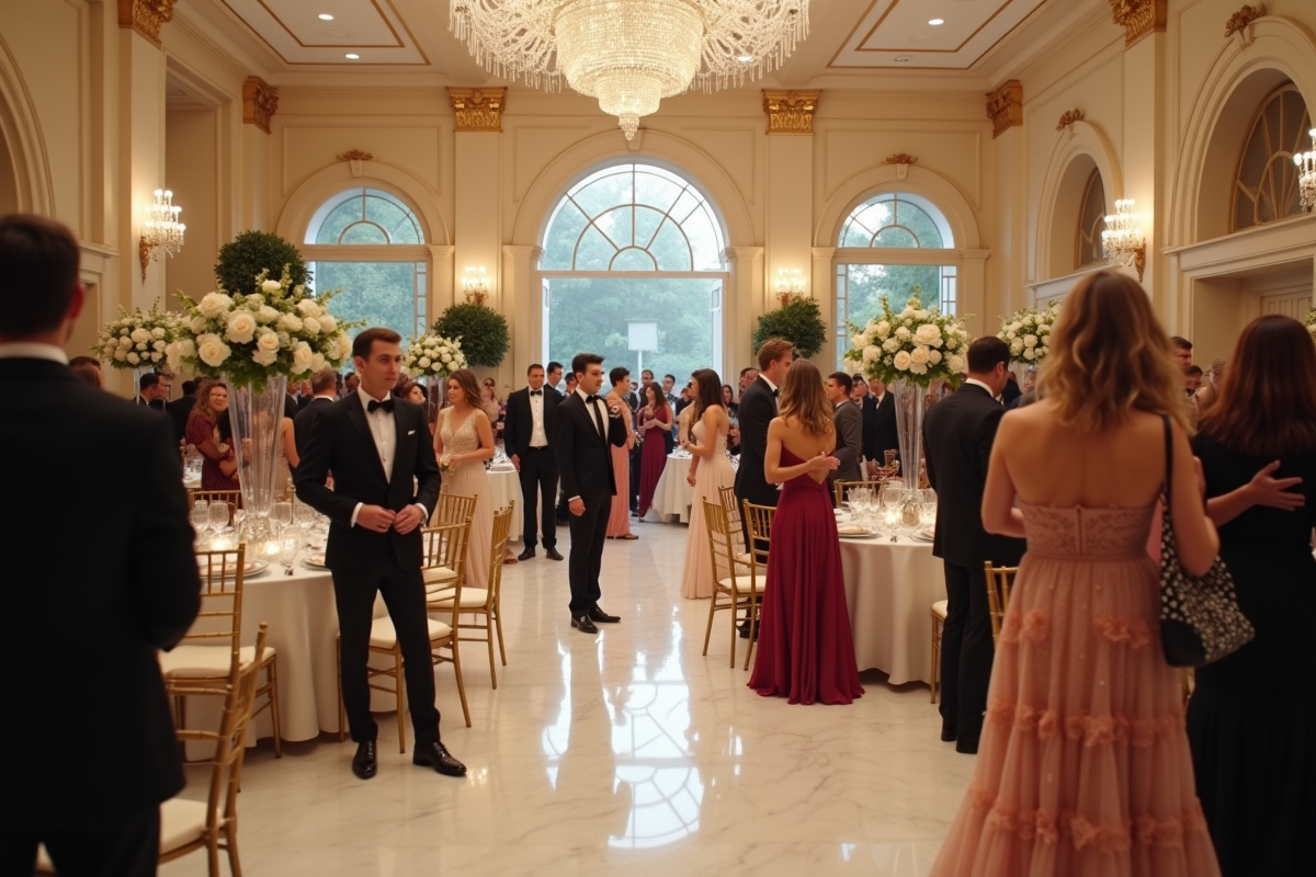 Réception de mariage intérieure avec invités et décoration raffinée