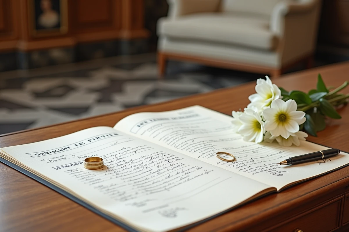 Registre de mariage civil avec alliances et stylo plume sur un bureau de mairie