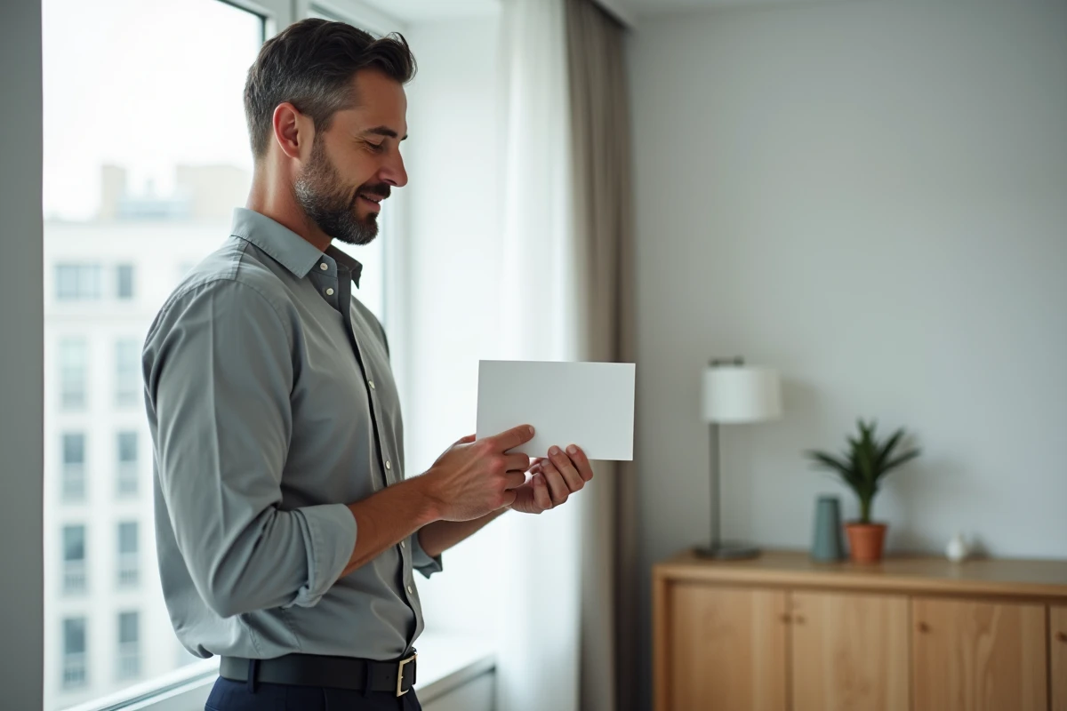 Homme tenant une carte de remerciement pour une invitation dans un appartement moderne au décor scandinave