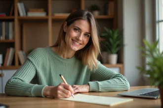 Femme rédigeant un mot de remerciement manuscrit pour une invitation, assise à un bureau en bois dans un bureau à domicile cosy