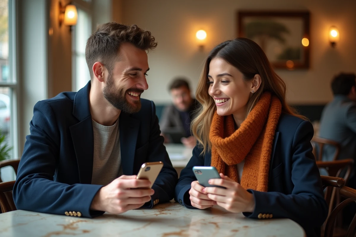 Deux amis dans un café parisien échangeant un message de remerciement pour une invitation sur smartphone