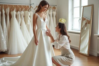 Couturière ajustant l'ourlet d'une robe de mariée en satin ivoire dans une boutique de mariage, illustrant les retouches sur mesure pour budget robe de mariée