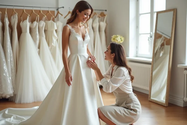 Couturière ajustant l'ourlet d'une robe de mariée en satin ivoire dans une boutique de mariage, illustrant les retouches sur mesure pour budget robe de mariée