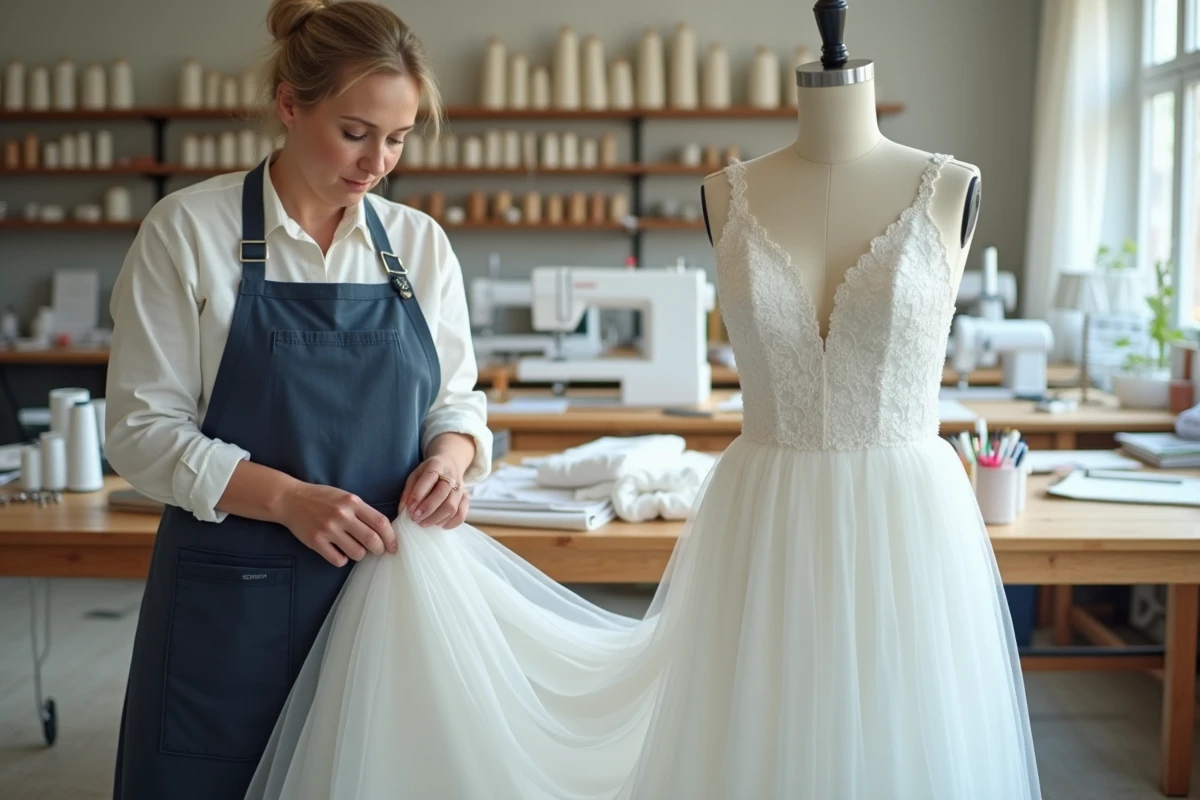 Couturière réalisant des retouches sur une robe de mariée grande taille dans un atelier de retouche à Bordeaux