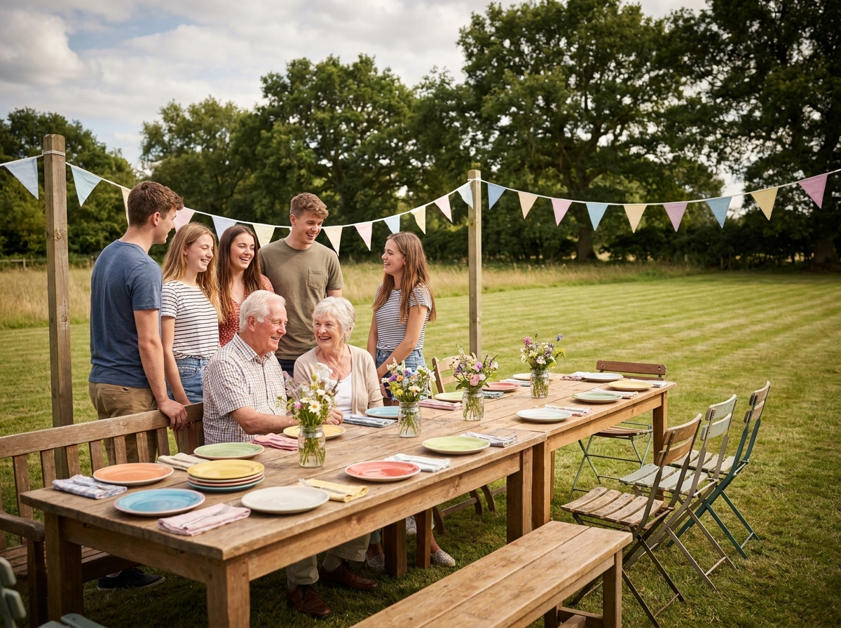 Réunion de famille multigénérationnelle autour d'une grande table en bois dans un jardin décoré pour une cousinade ou un anniversaire