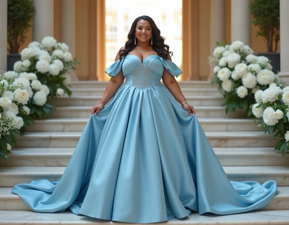 Grande taille en robe de bal bleu poudré sur les marches d'un château pour un mariage