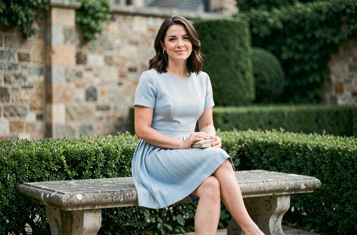Robe bleue pastel structurée pour cérémonie de mariage civil en extérieur
